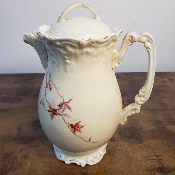 Antique Limoges France Cream Chocolate Pitcher Pot Handpainted Floral Botanical - Picture 5 of 12